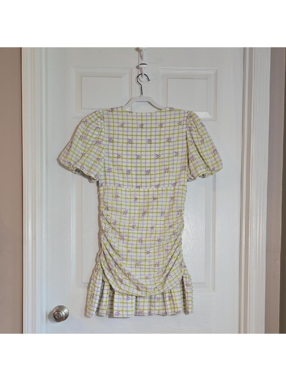 Zara Plaid Puff Bubble Sleeve Ruched Sides Mini Dress Size Medium - Picture 4 of 6